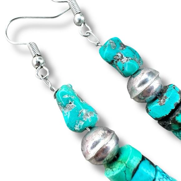 Turquoise Sterling Silver Bench Bead Nugget Stack Southwest 925 Dangle Earrings - Picture 4 of 5